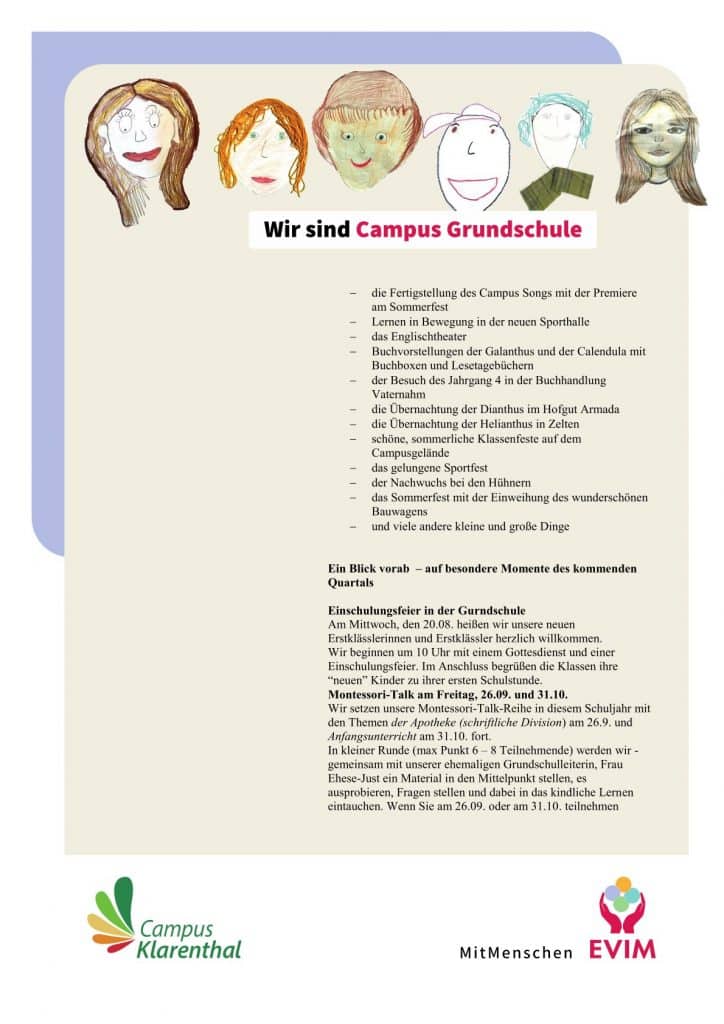 Ein Flyer für den Campus Grundschule mit fünf gezeichneten Kindergesichtern im oberen Bereich, Veranstaltungsdetails und Aufzählungspunkten zu den Aktivitäten. Am unteren Rand sind die Logos von Campus Klarenthal und EVIM abgebildet. Der Text ist auf Deutsch.