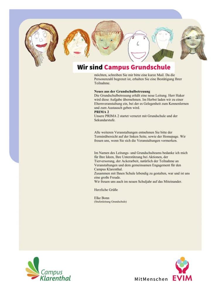 Ein Flugblatt mit von Kindern gezeichneten Gesichtern oben und der Überschrift "Wir sind Campus Grundschule". Er enthält deutsche Schulnachrichten, einen Brief des Schulleiters und am unteren Rand die Logos von Campus Klarenthal und EVIM.