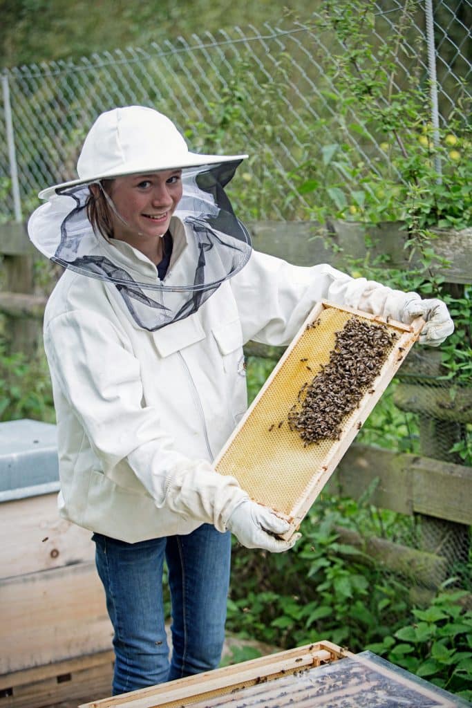 Eine Person im Imkeranzug und mit Handschuhen hält einen mit Bienen besetzten Wabenrahmen und lächelt im Freien neben einem hölzernen Bienenstock auf dem Campus Klarenthal, neben einem von Grün umgebenen Drahtzaun.